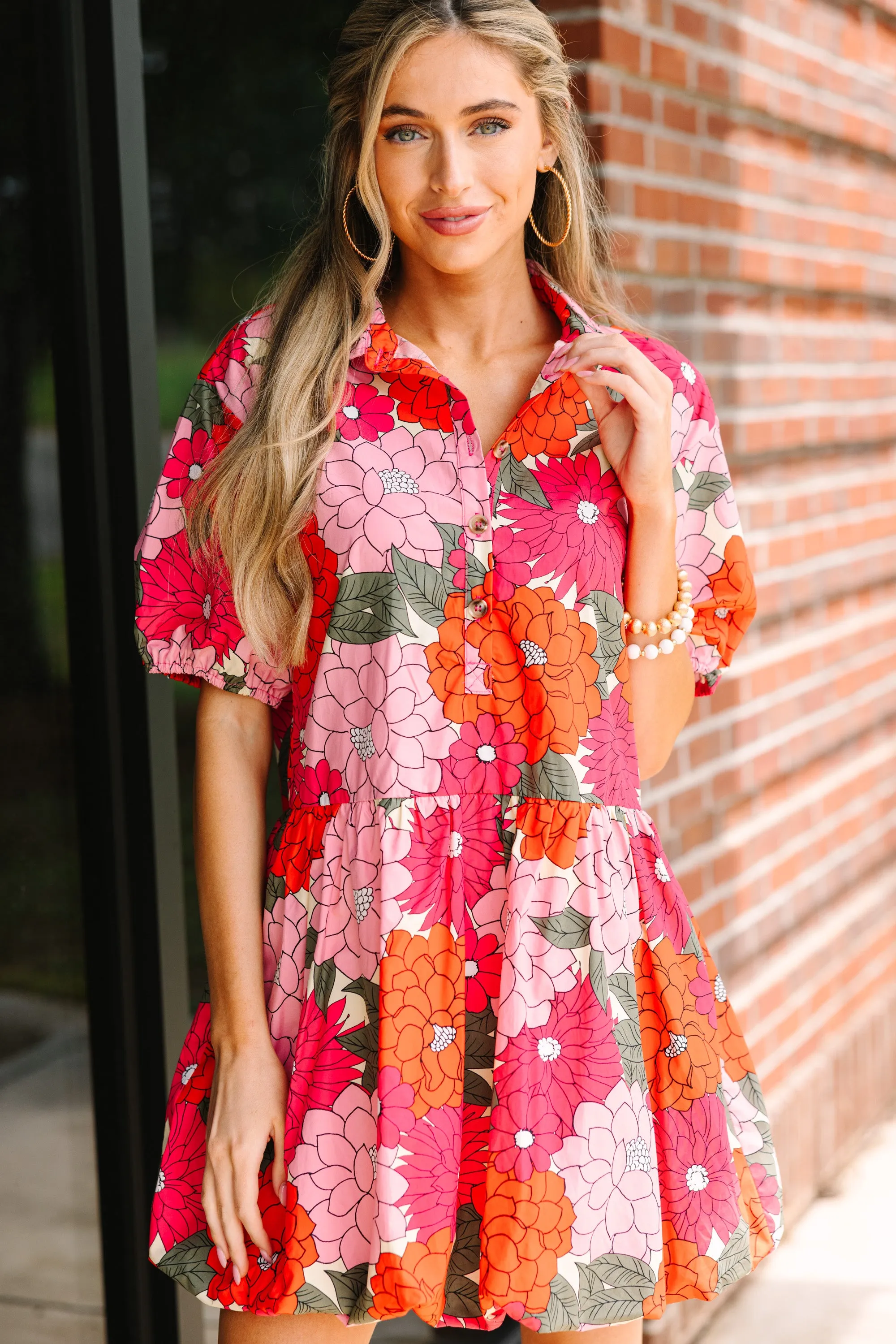 All On Your Own Coral Orange Floral Babydoll Dress