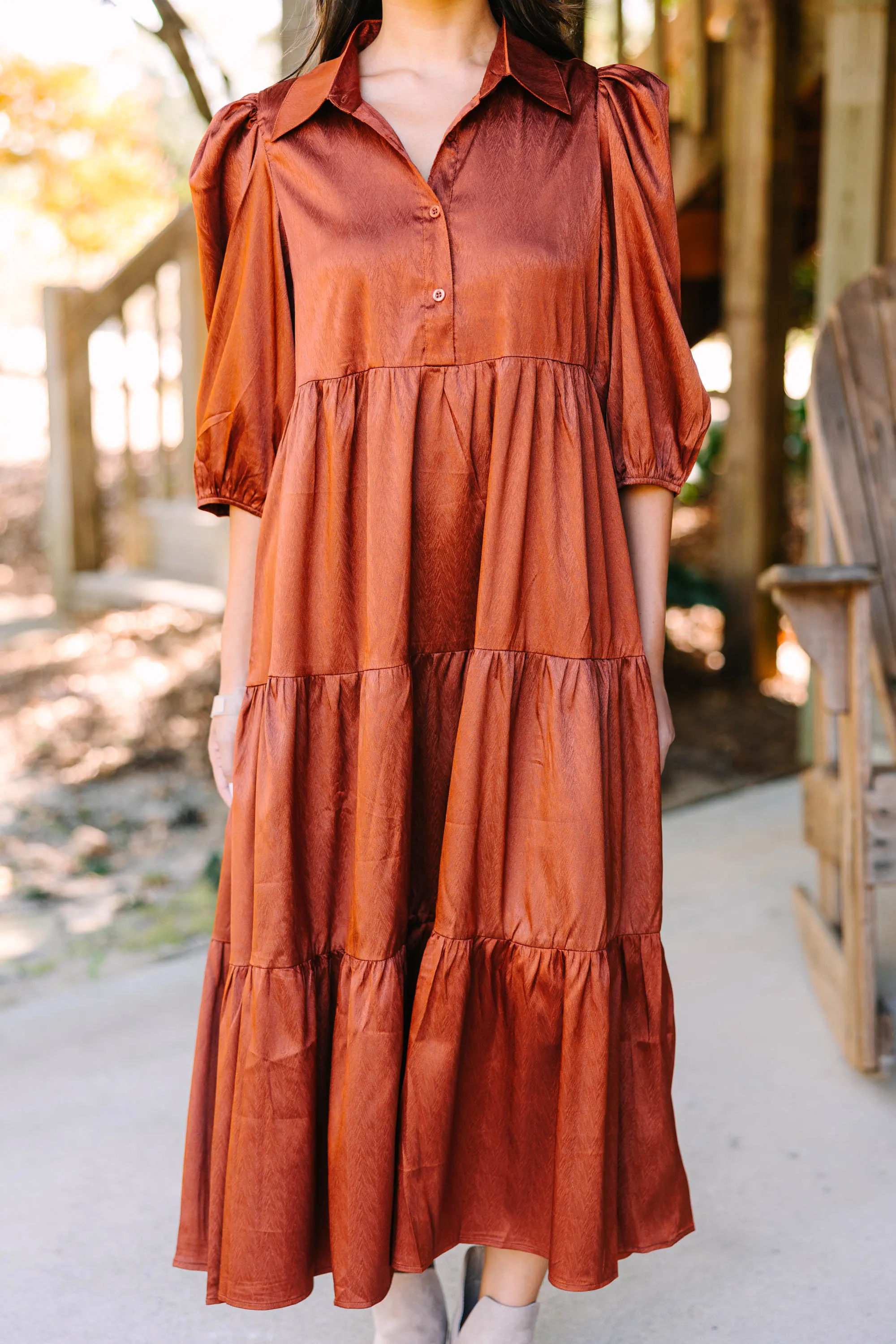 All The Love Camel Brown Satin Midi Dress