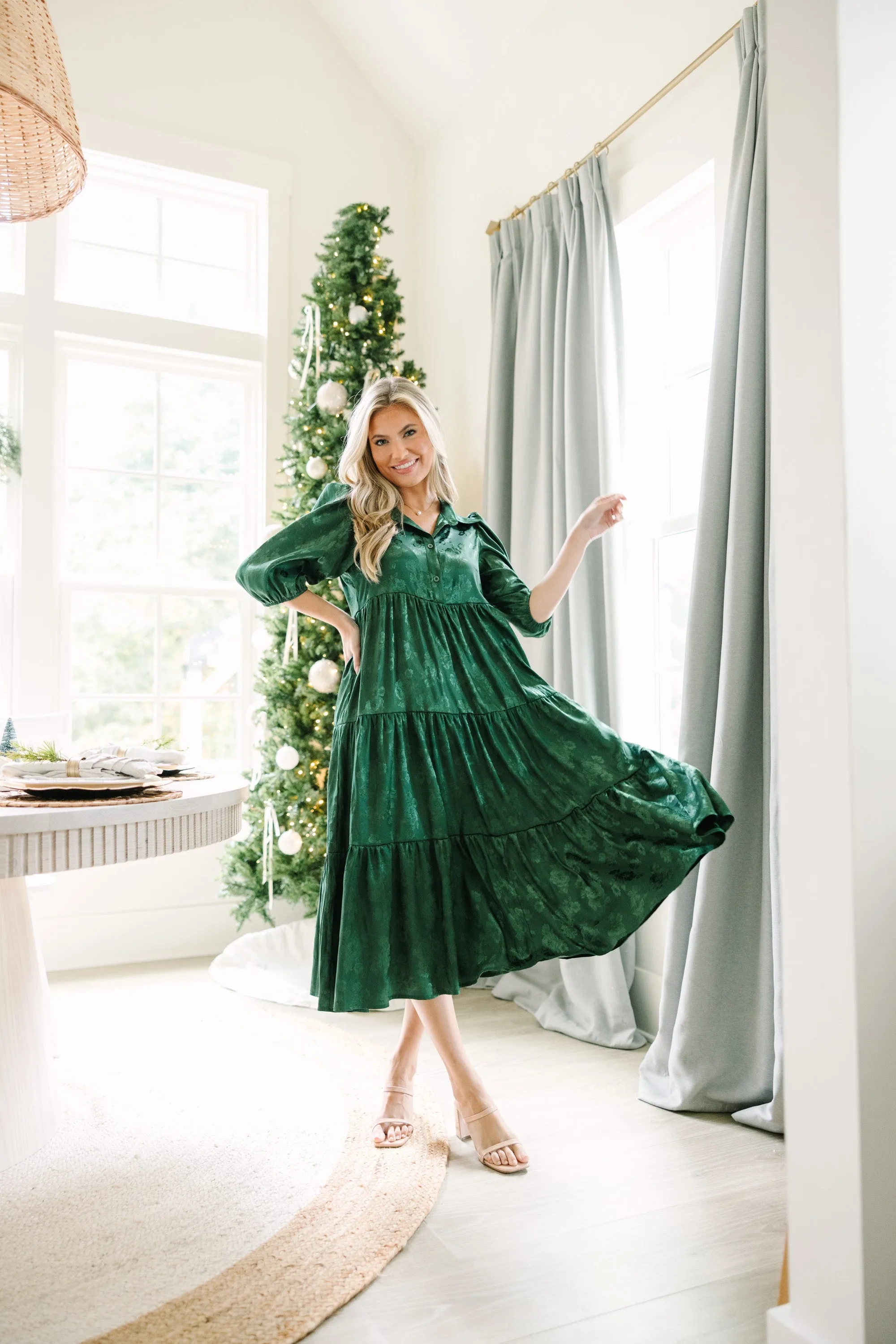 All The Love Emerald Green Floral Satin Midi Dress