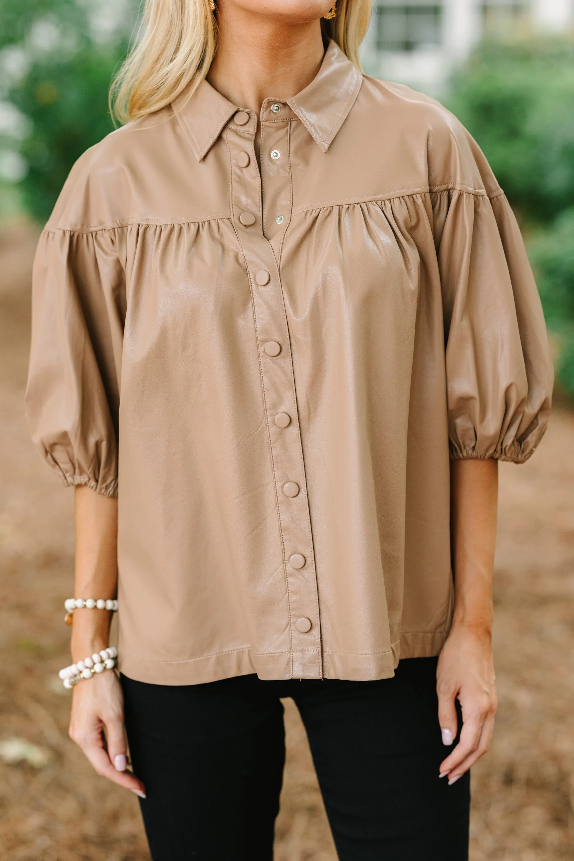 Back In Bold Camel Brown Faux Leather Blouse