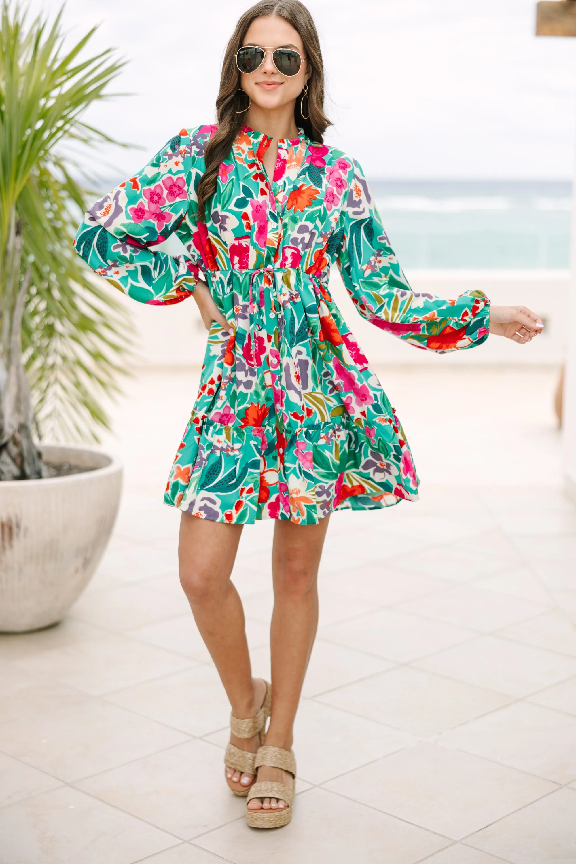 Beautifully You Jade Green Floral Dress