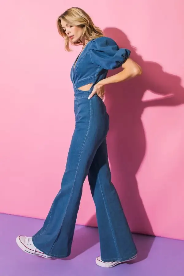 Cut Out Stretch Denim Jumpsuit