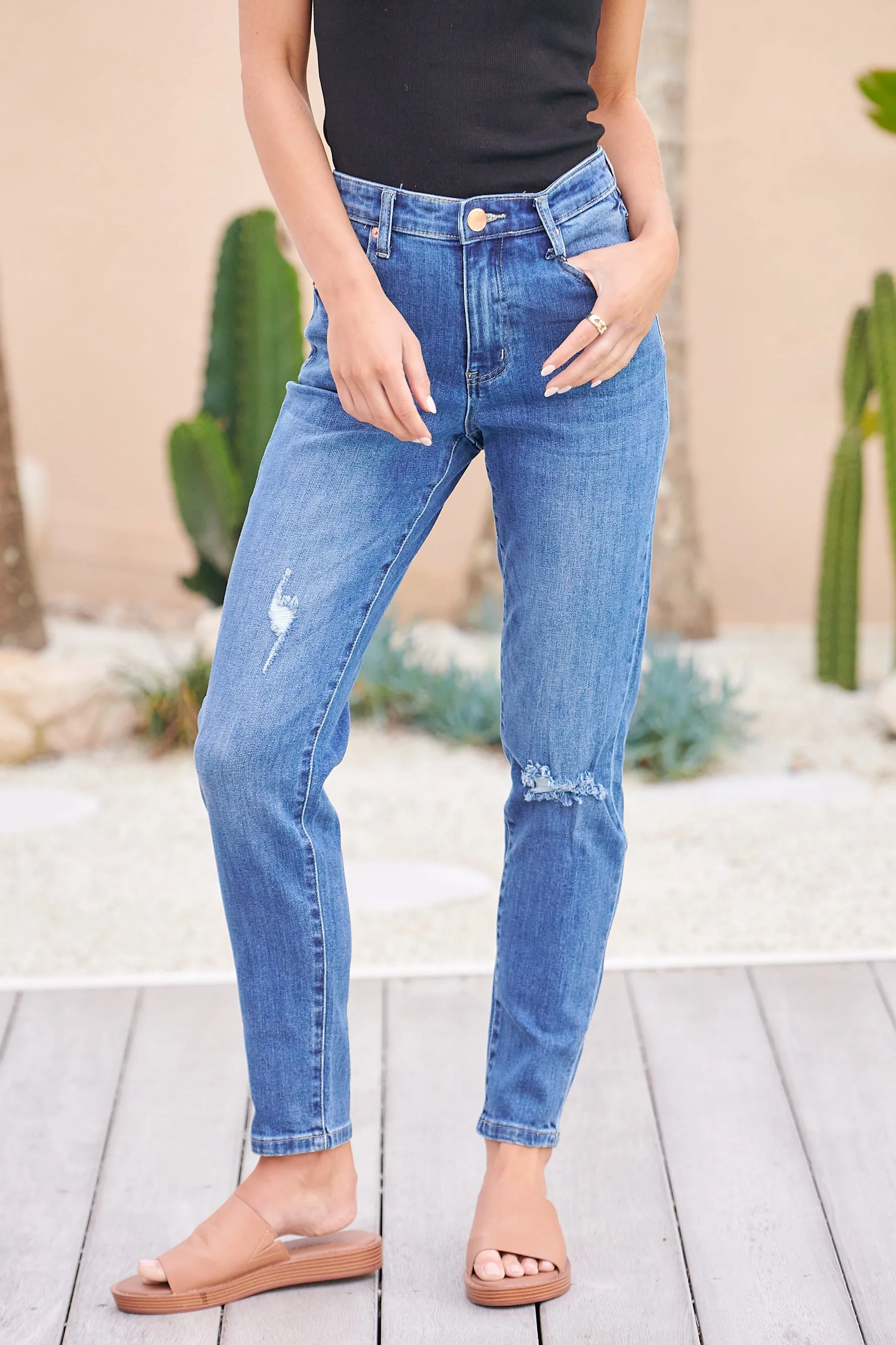 Delta Dark Washed Blue Denim Torn Knee Jeans