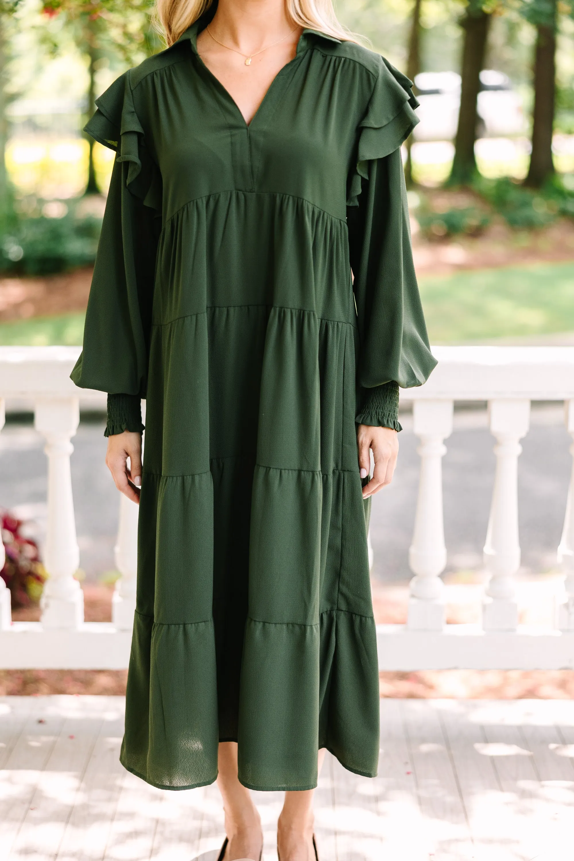 Feeling The Fun Olive Green Ruffled Midi Dress