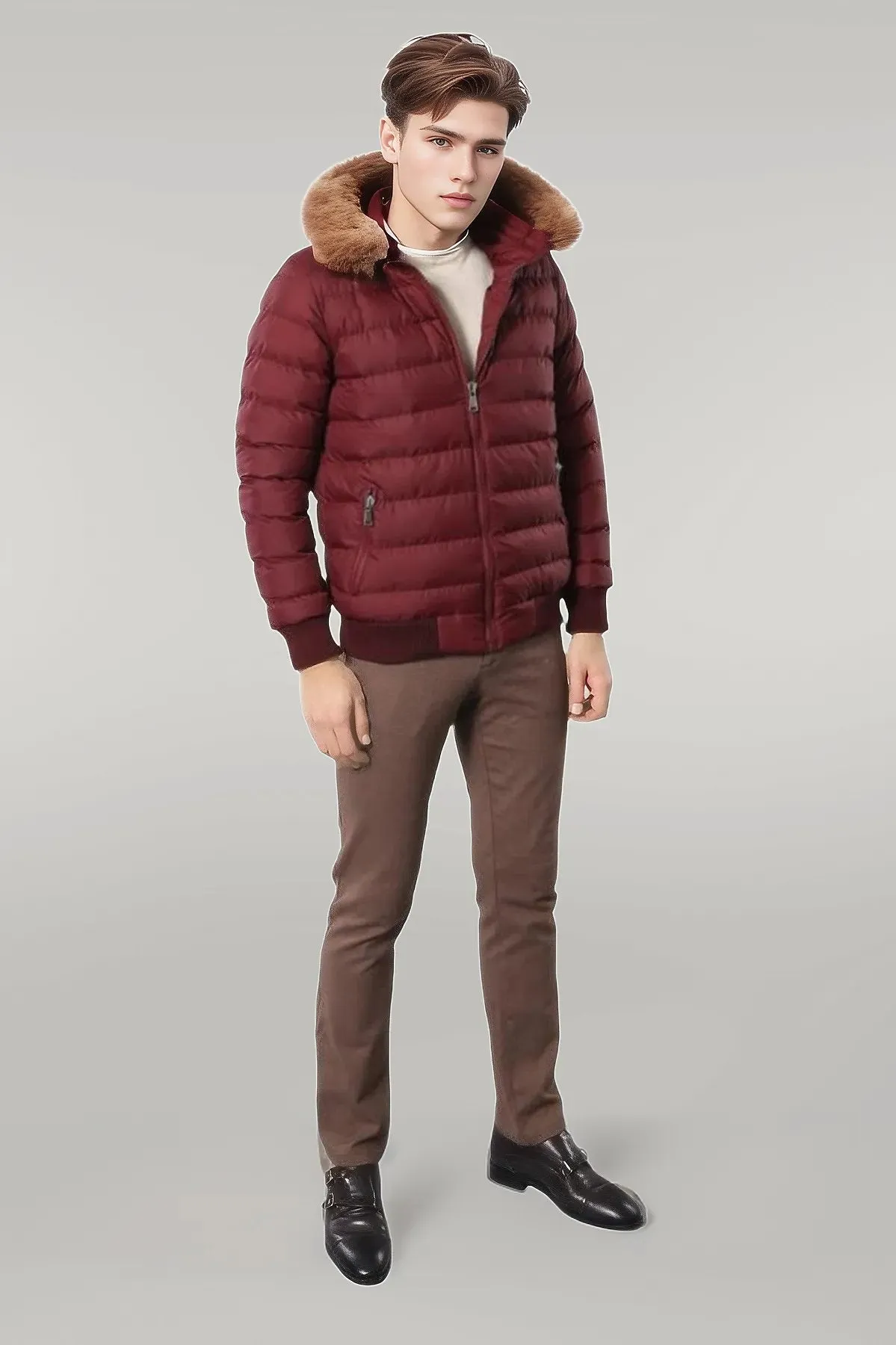 Fur Hooded Burgundy Men Down Coat - Wessi