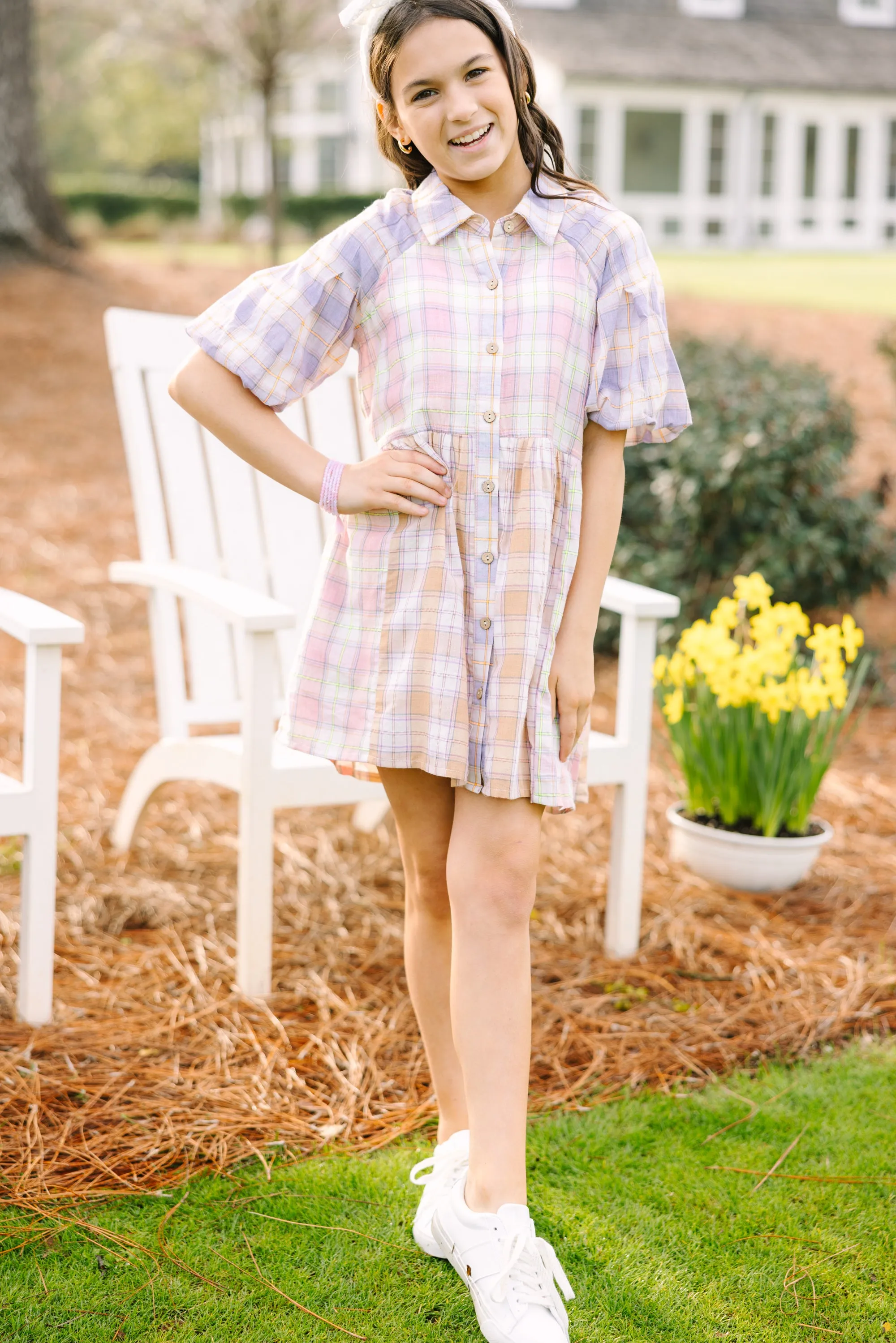 Girls: Happy Place Lavender Purple Plaid Dress