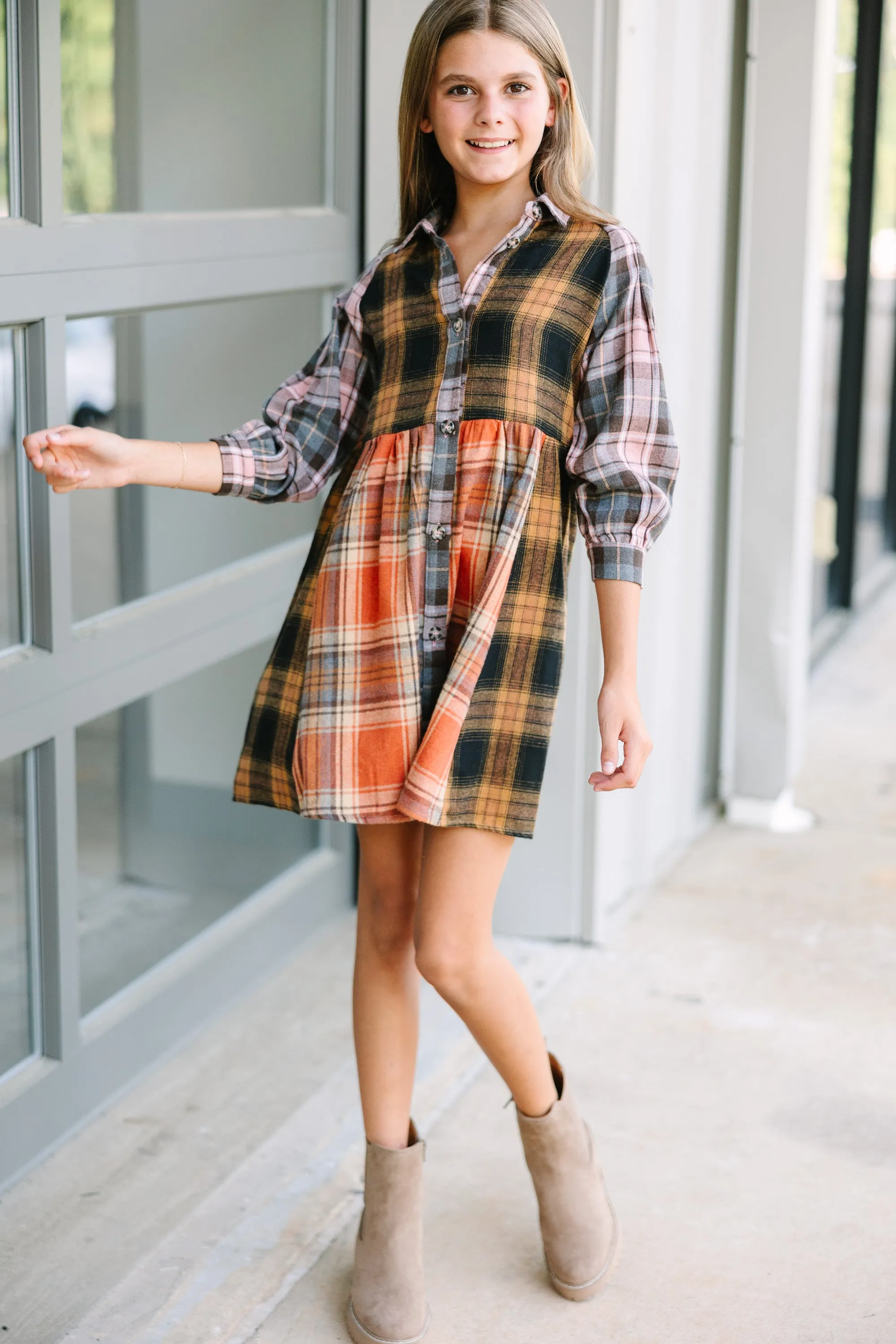 Girls: Turn You Around Orange Plaid Dress