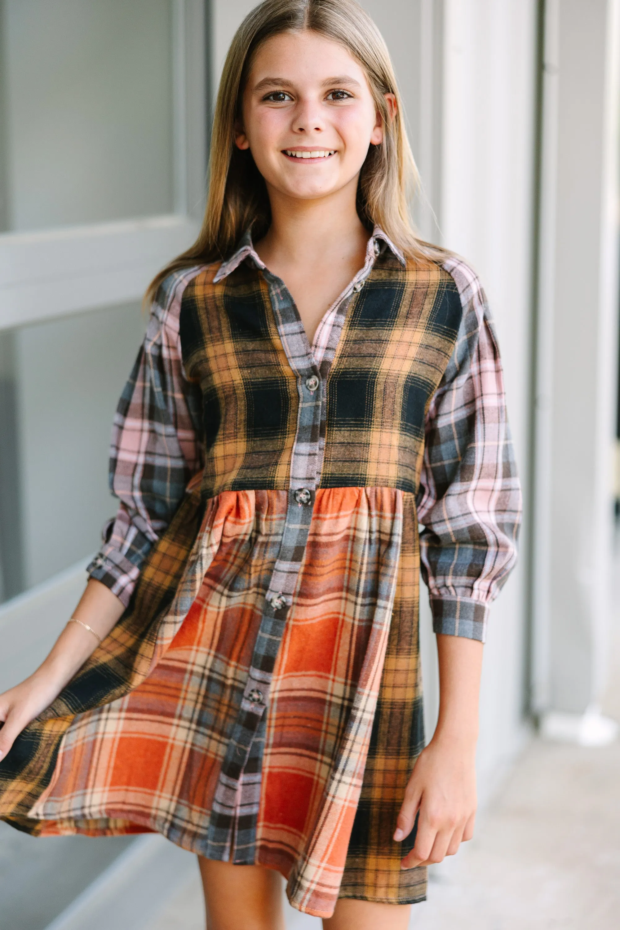 Girls: Turn You Around Orange Plaid Dress