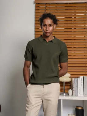 Henri Knit Polo Tee - Olive Green Open Collar