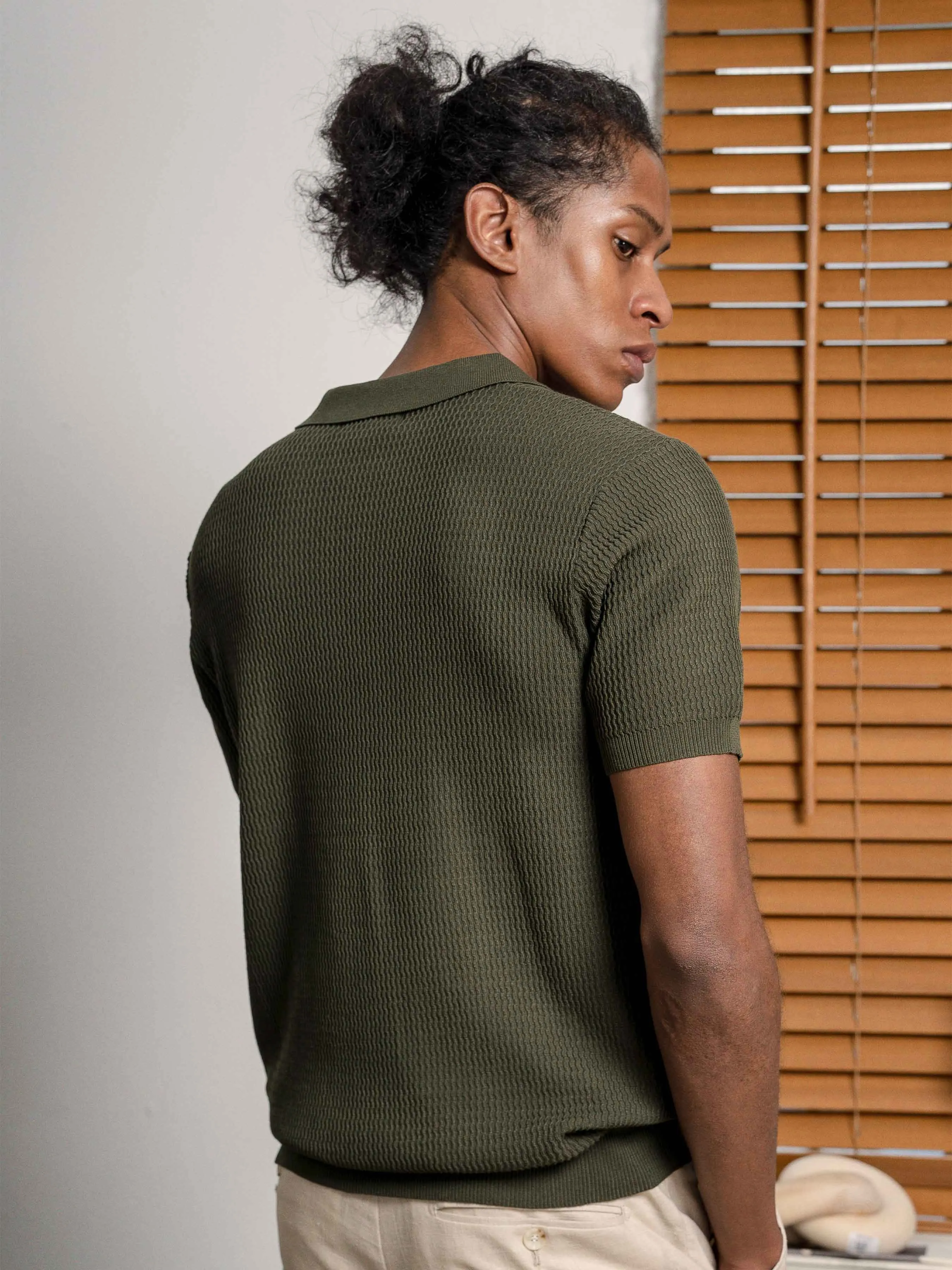 Henri Knit Polo Tee - Olive Green Open Collar