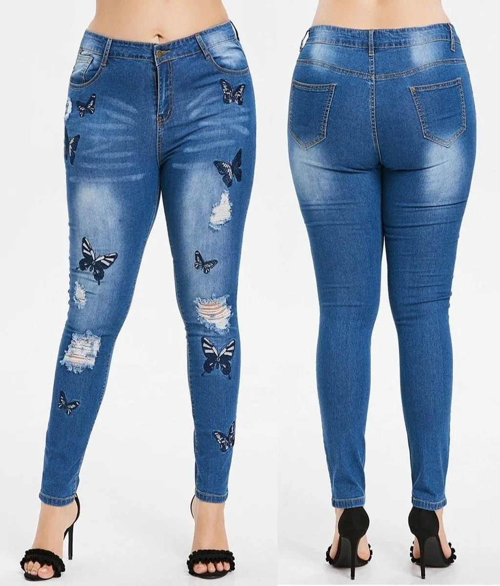 High Waist Hole Embroidery Printed Pockets Jeans