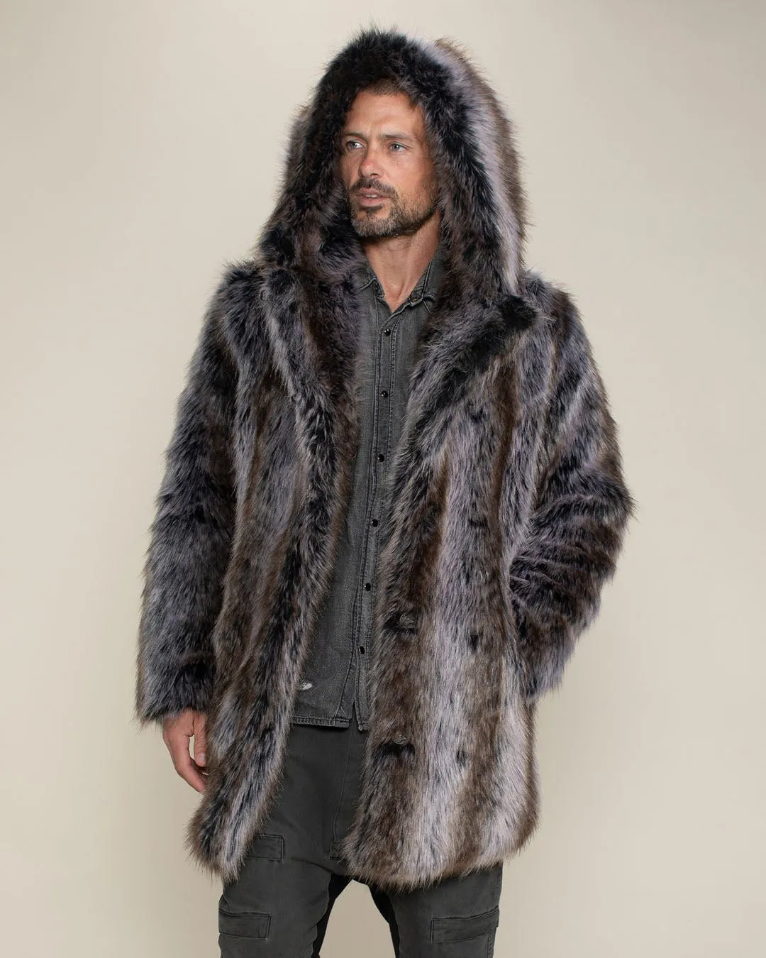 Hooded Men's Faux Fur Coat | Grey Wolf