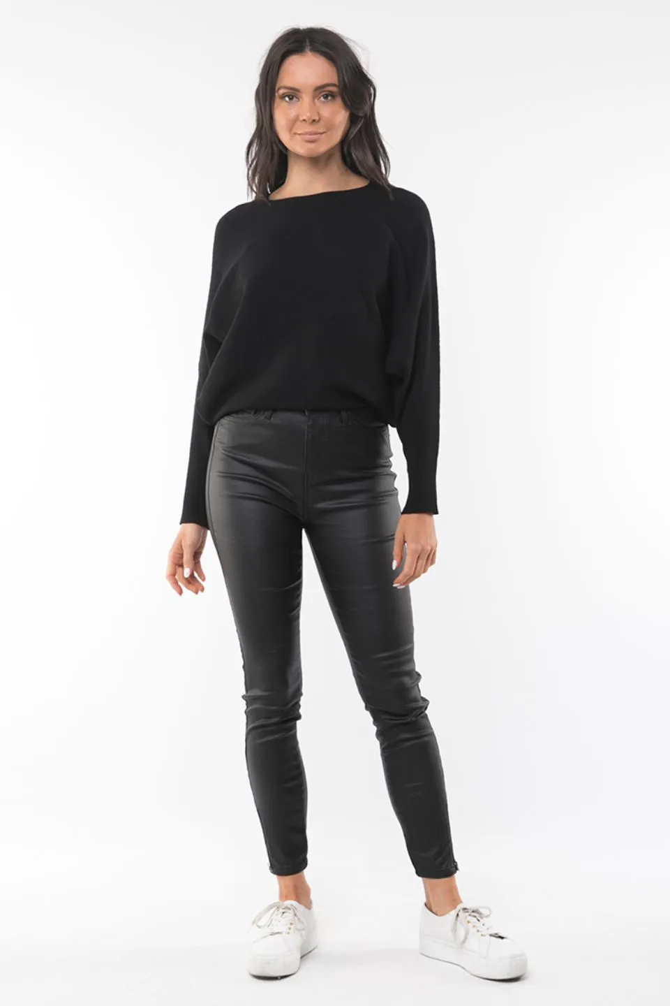 Jolie Ankle Grazer Coated Black Pant