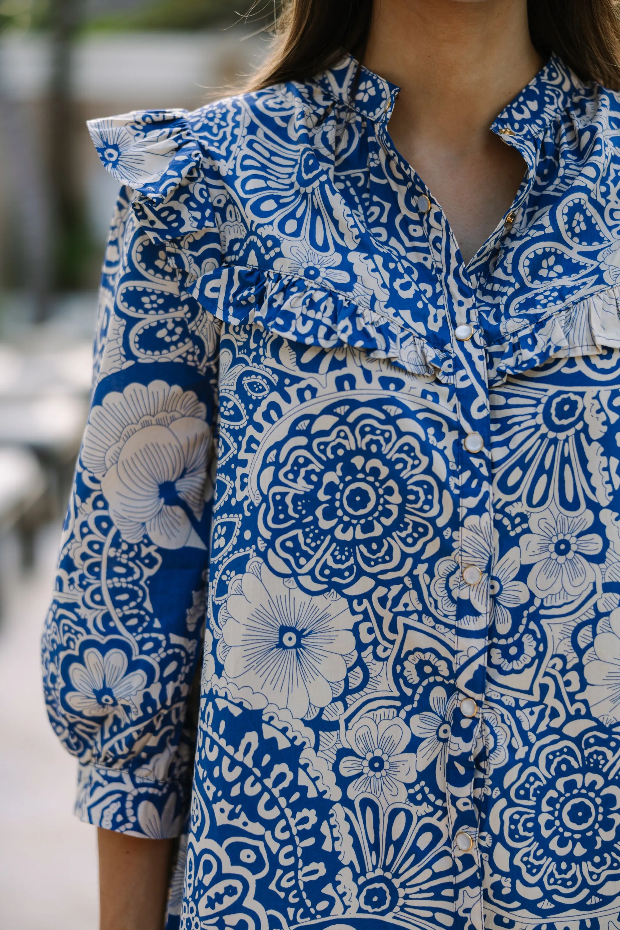 Keep It Up Blue Floral Ruffled Blouse