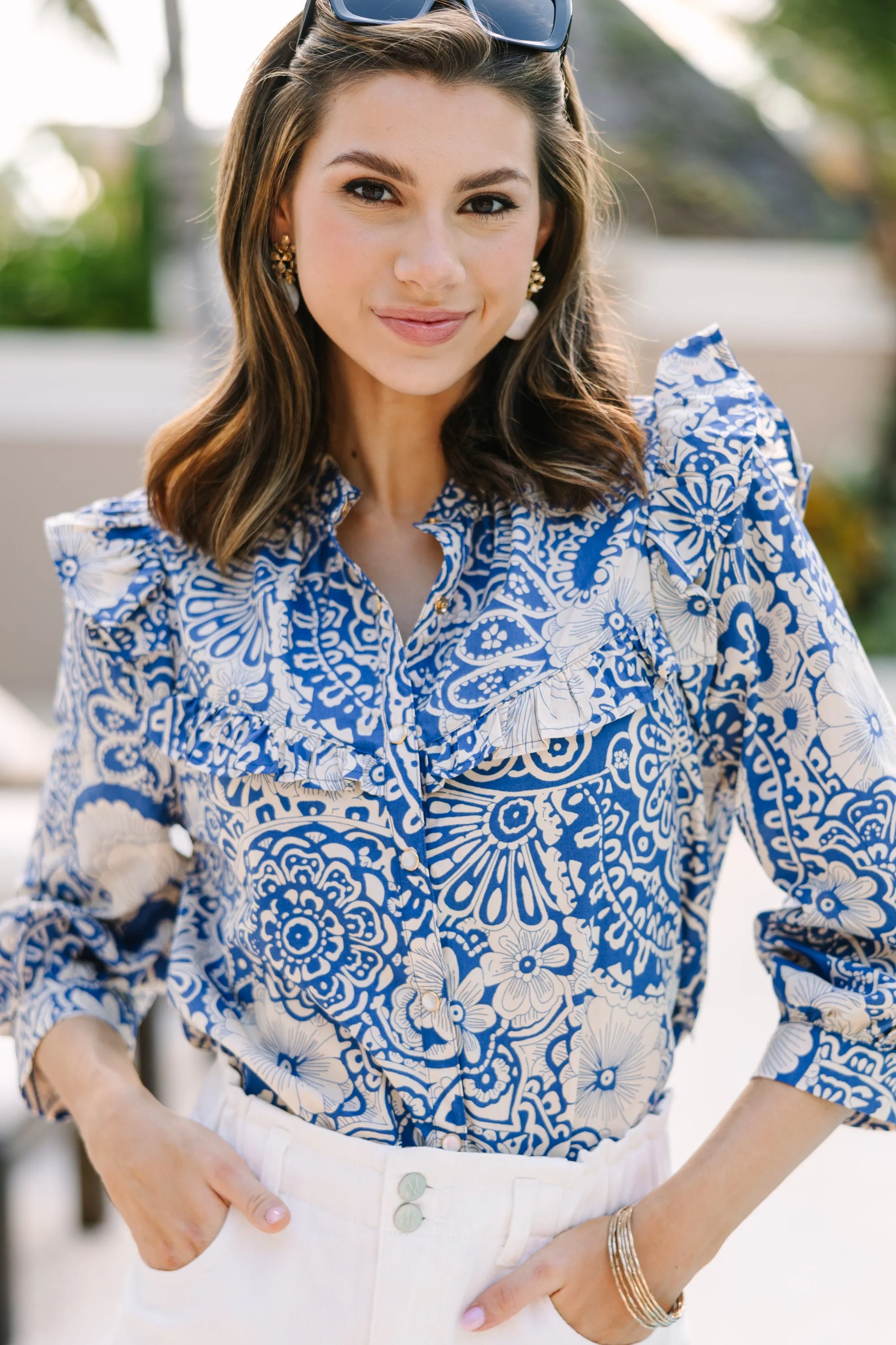 Keep It Up Blue Floral Ruffled Blouse