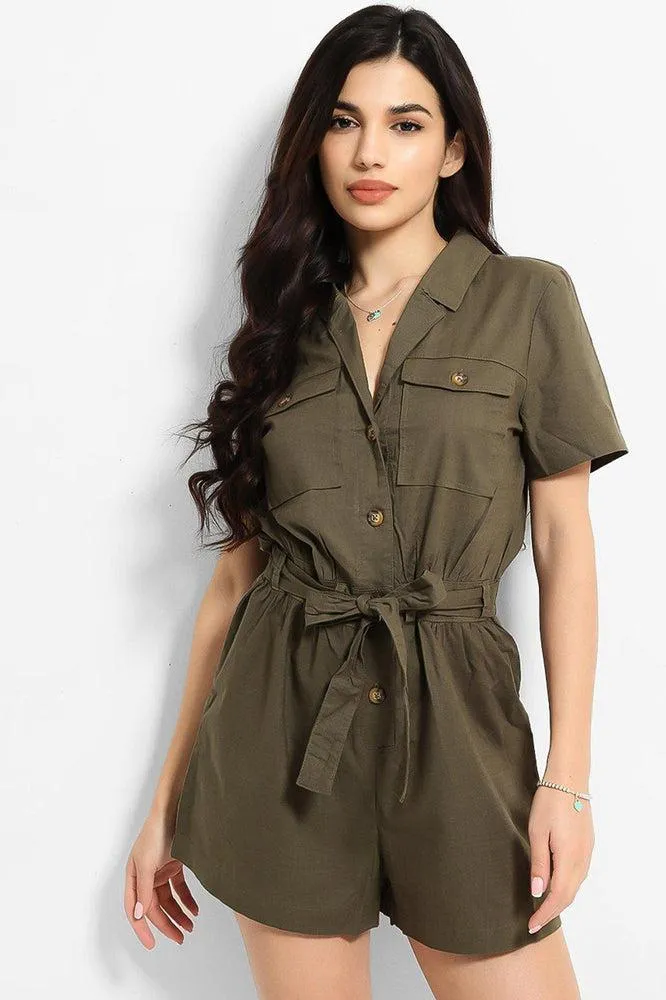 Khaki Thin Denim Button Down Waist Tie Playsuit