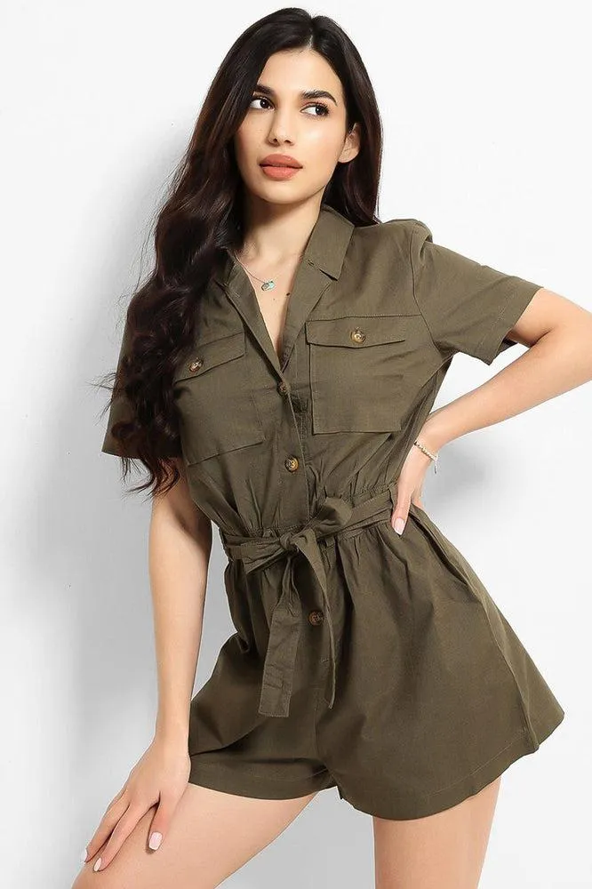 Khaki Thin Denim Button Down Waist Tie Playsuit