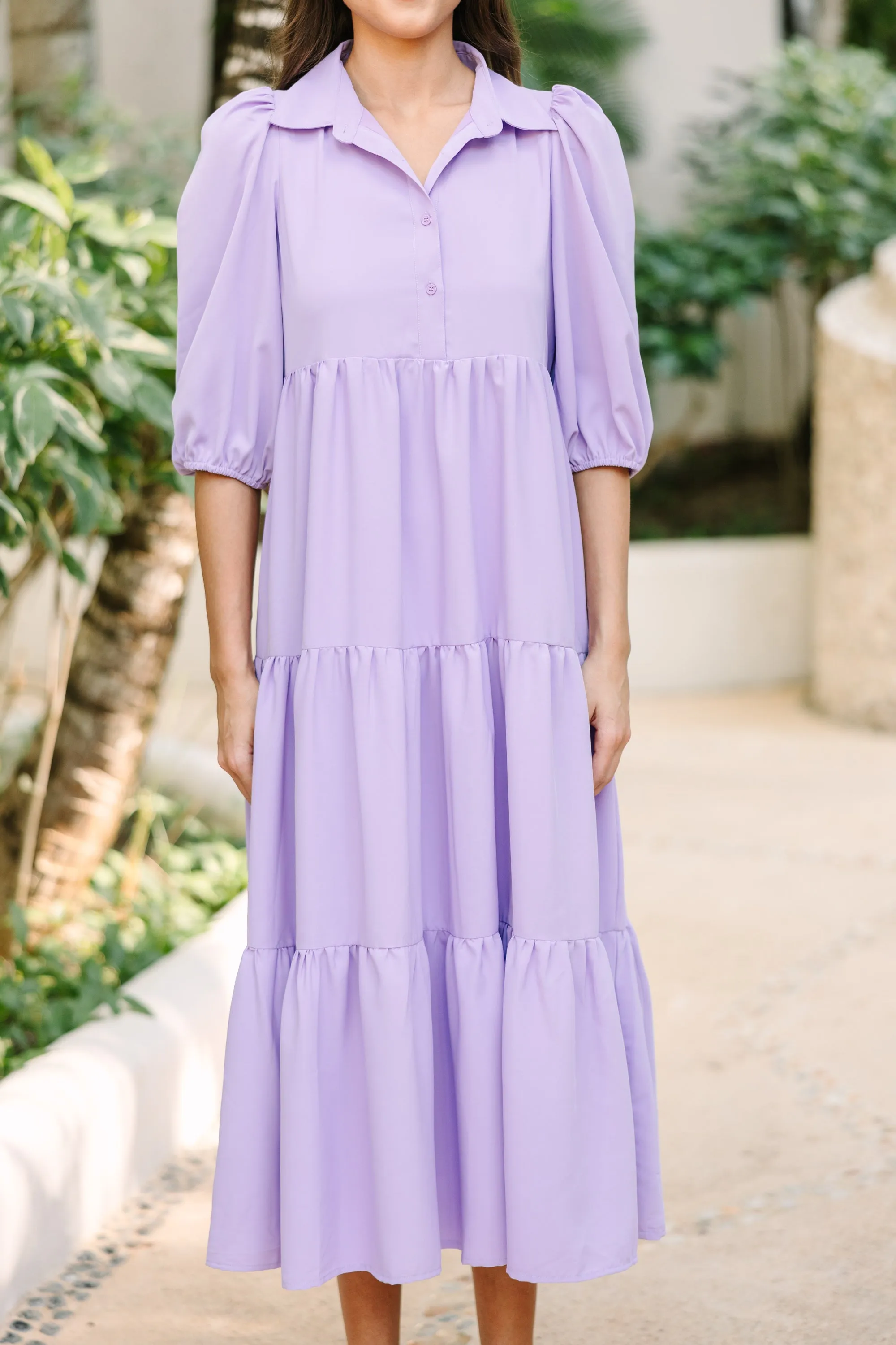 Love Found Lavender Purple Tiered Midi Dress