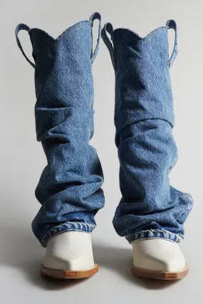 MID COWBOY BOOT WITH DENIM SLEEVE IN BLUE AND WHITE