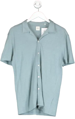 Moss Bros Blue Linen Cotton Blend Button Down Shirt UK M