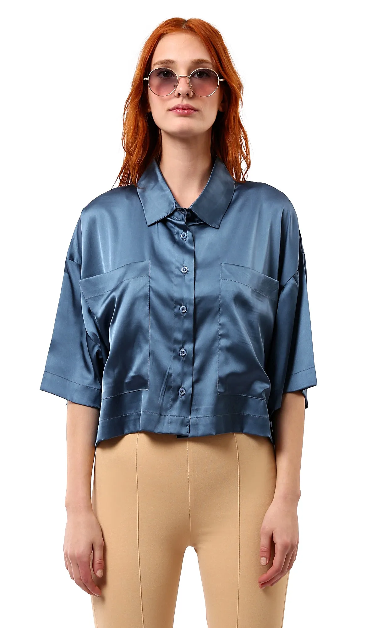 O182043 Turn Down Collar Steel Blue Shiny Shirt