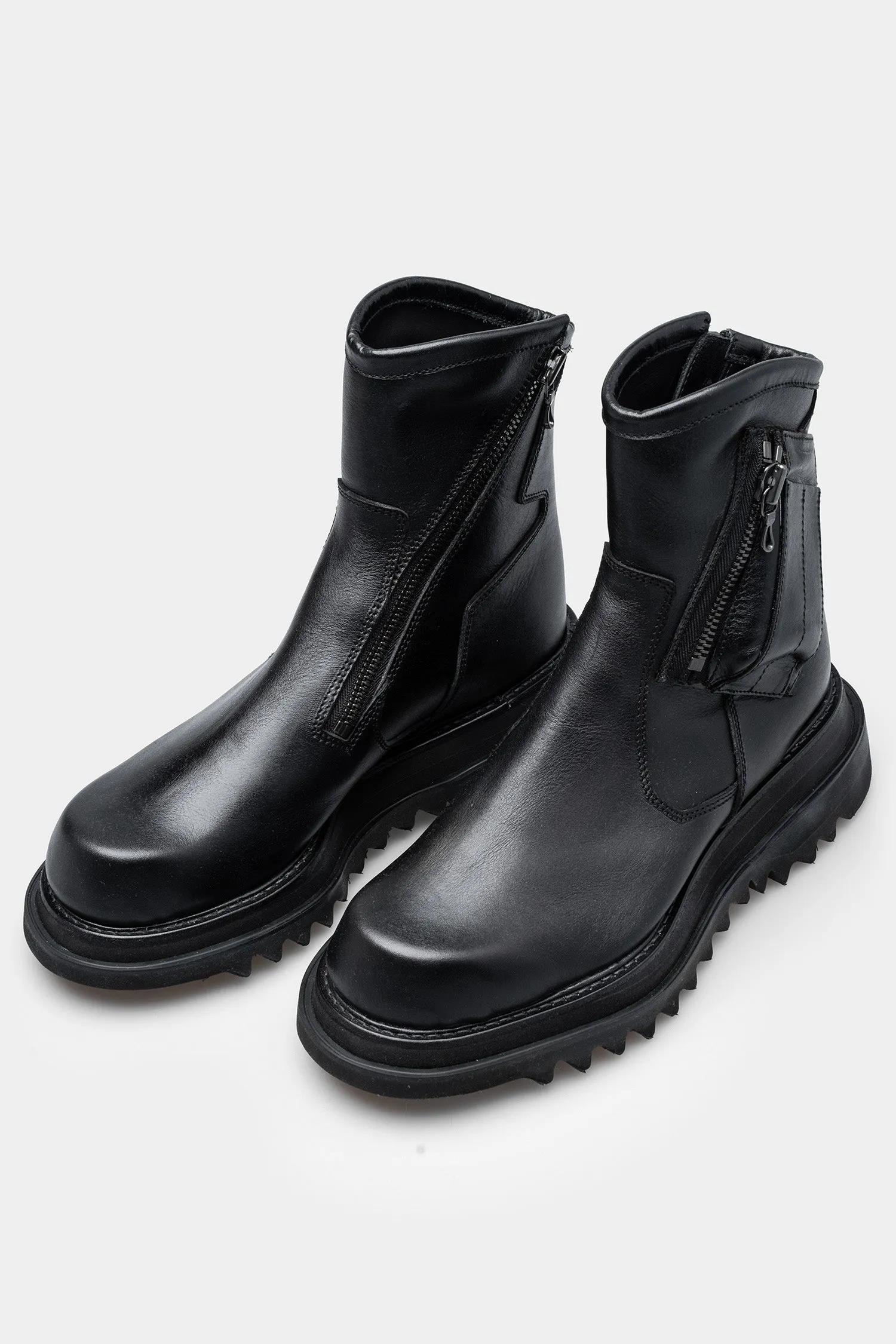 Pocket leather asymmetrical zip boots