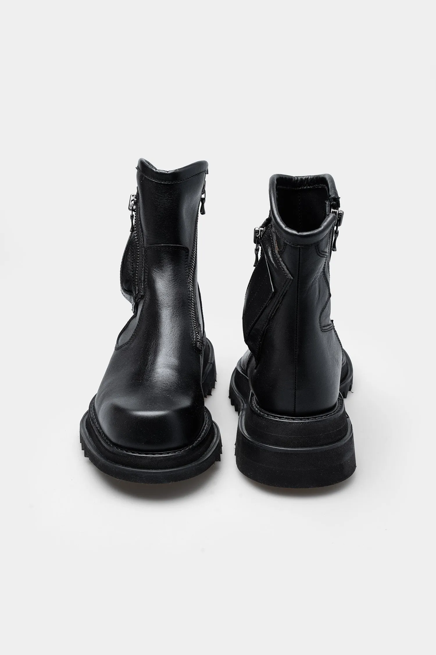 Pocket leather asymmetrical zip boots