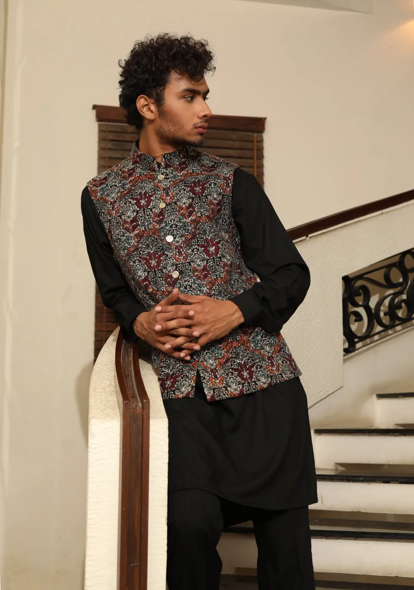 Premium Embroidered Black Chiffon Waistcoat