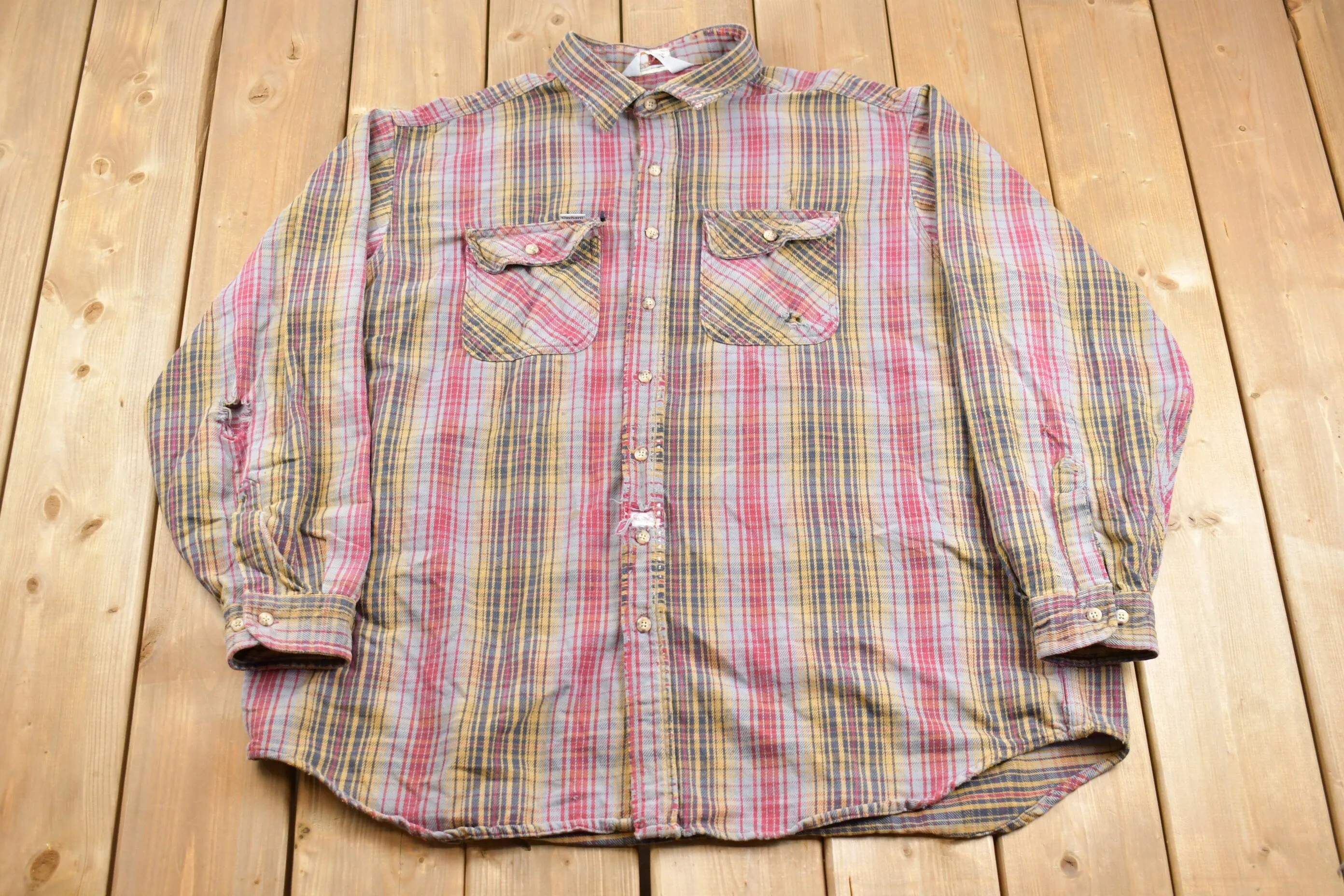 Vintage 1990s Carhartt Rugged Wear Button Up Shirt / Distressed / 1990s Button Up / Flannel / Casual Wear / Workwear / Plaid Button Up