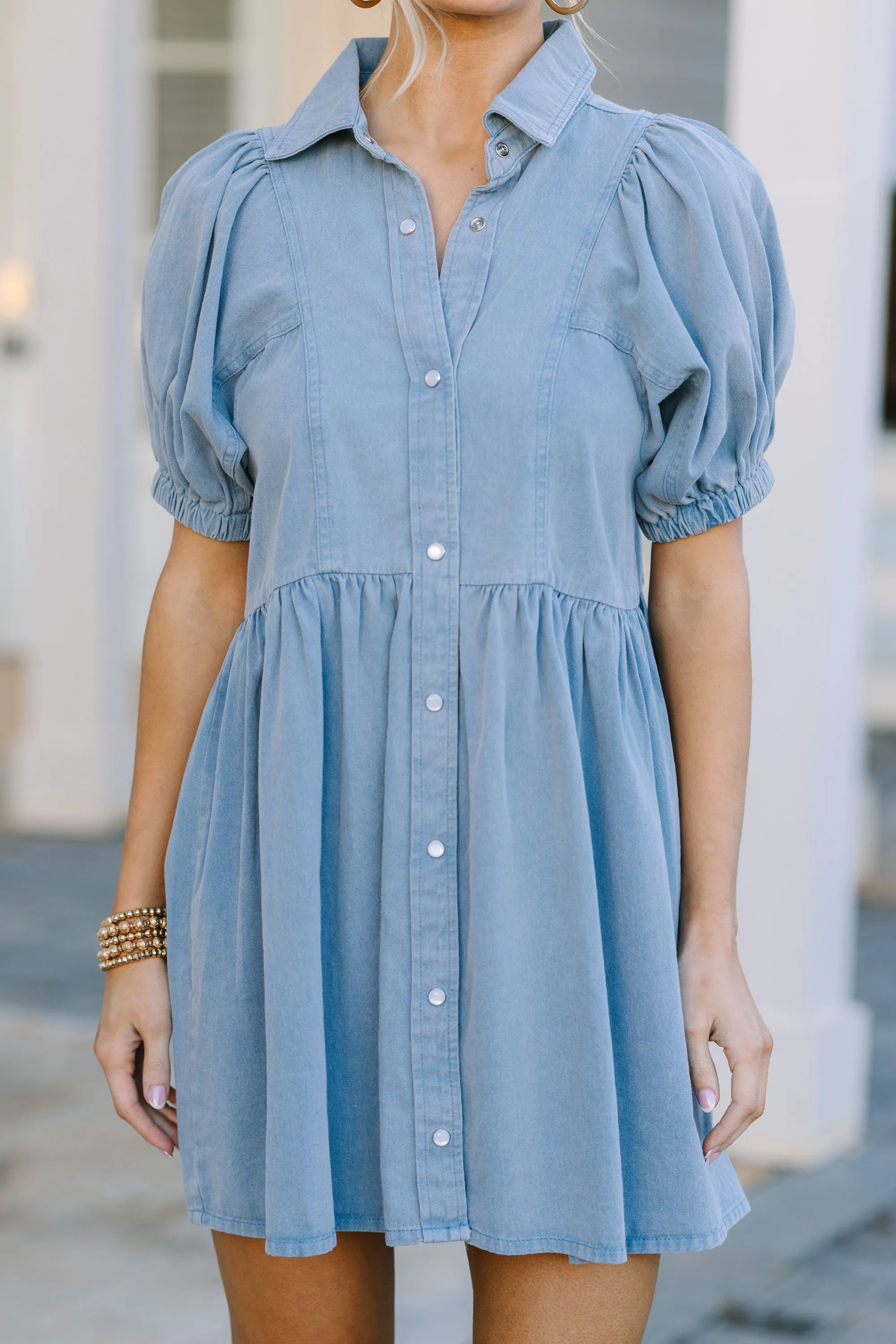 Well Known Light Blue Denim Babydoll Dress