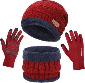 Winter Knit Beanie Hat Neck Warmer Scarf and Touch Screen Gloves for Men Women  Set of 2