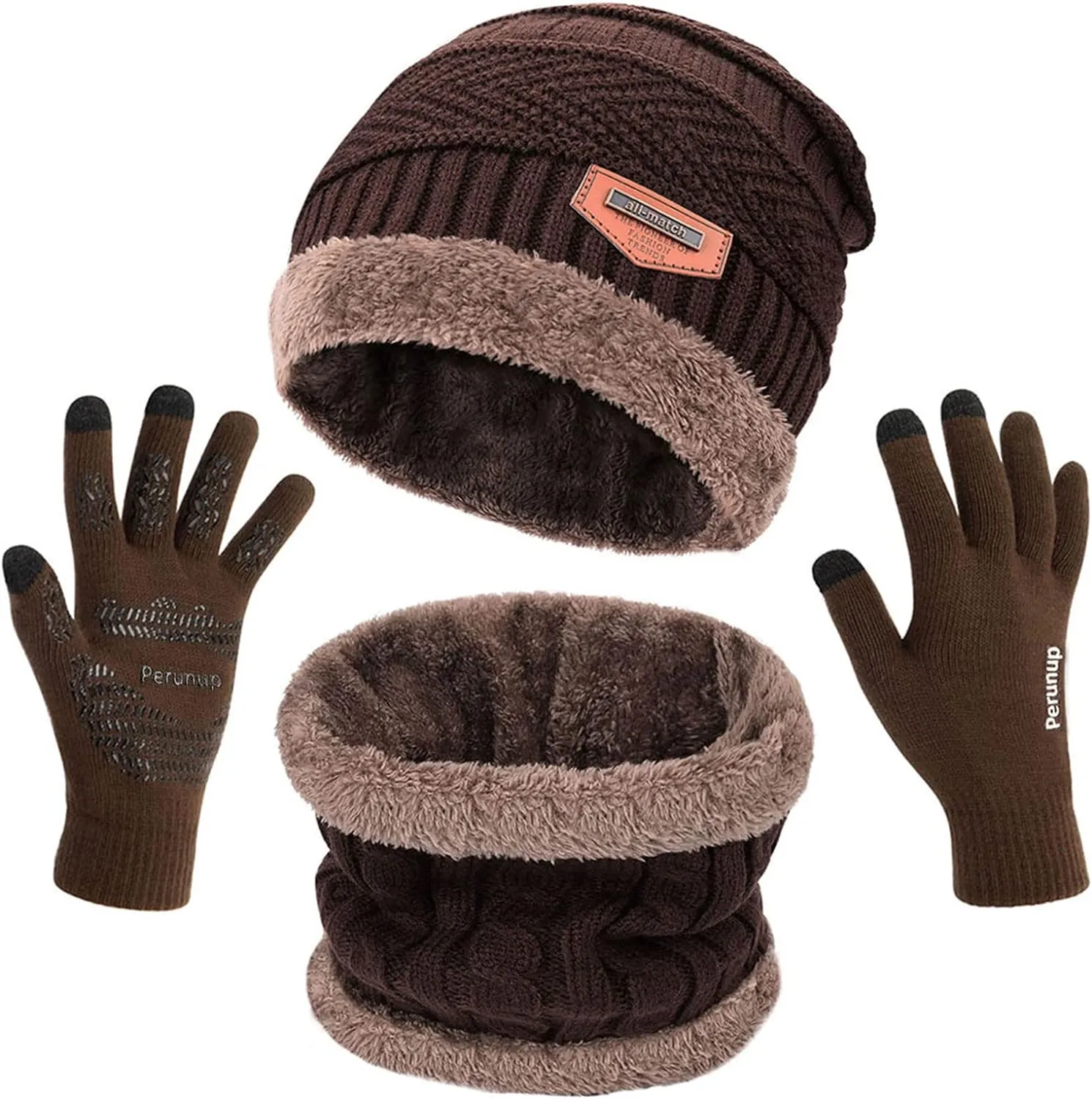 Winter Knit Beanie Hat Neck Warmer Scarf and Touch Screen Gloves for Men Women  Set of 2