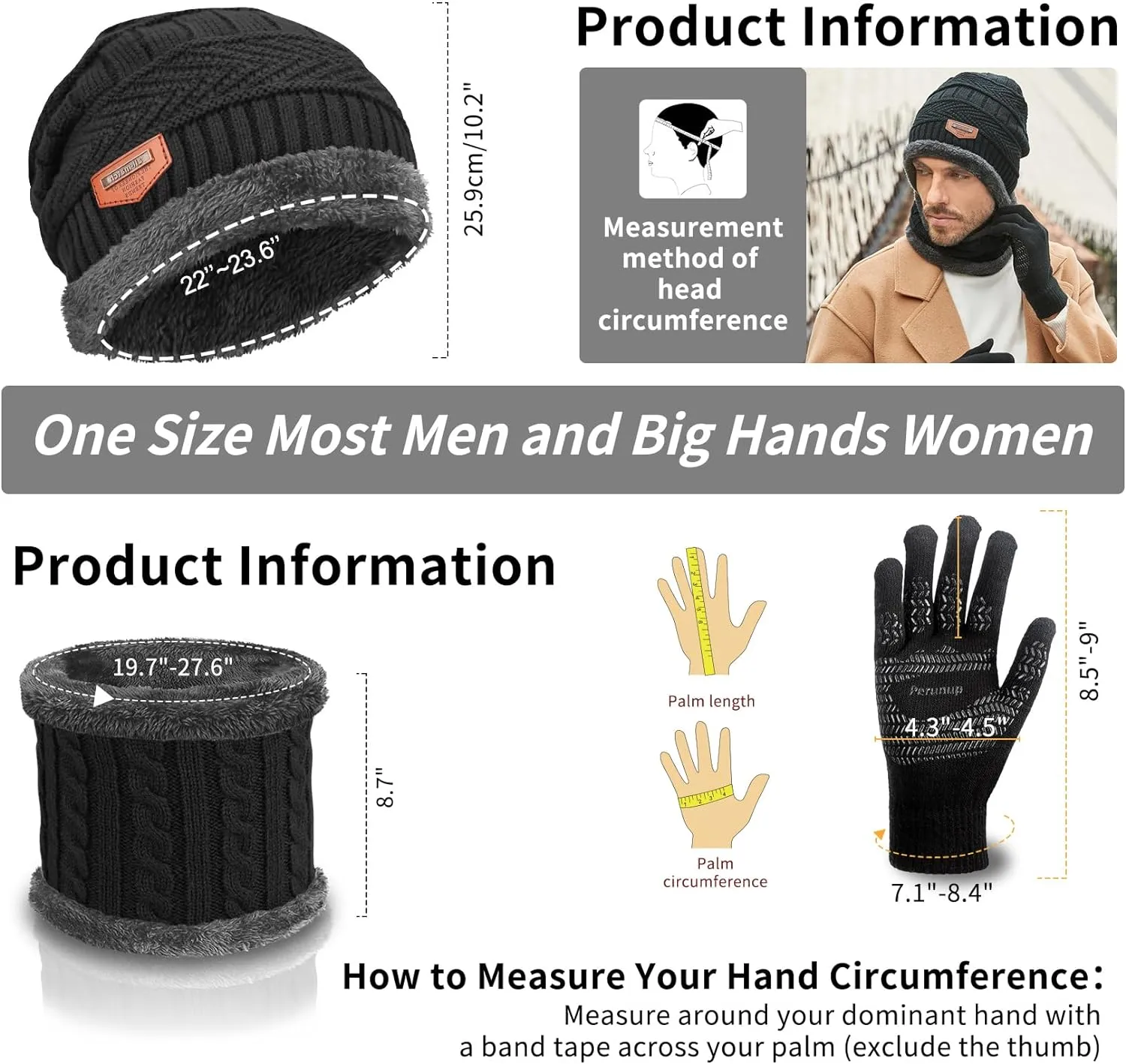 Winter Knit Beanie Hat Neck Warmer Scarf and Touch Screen Gloves for Men Women  Set of 2